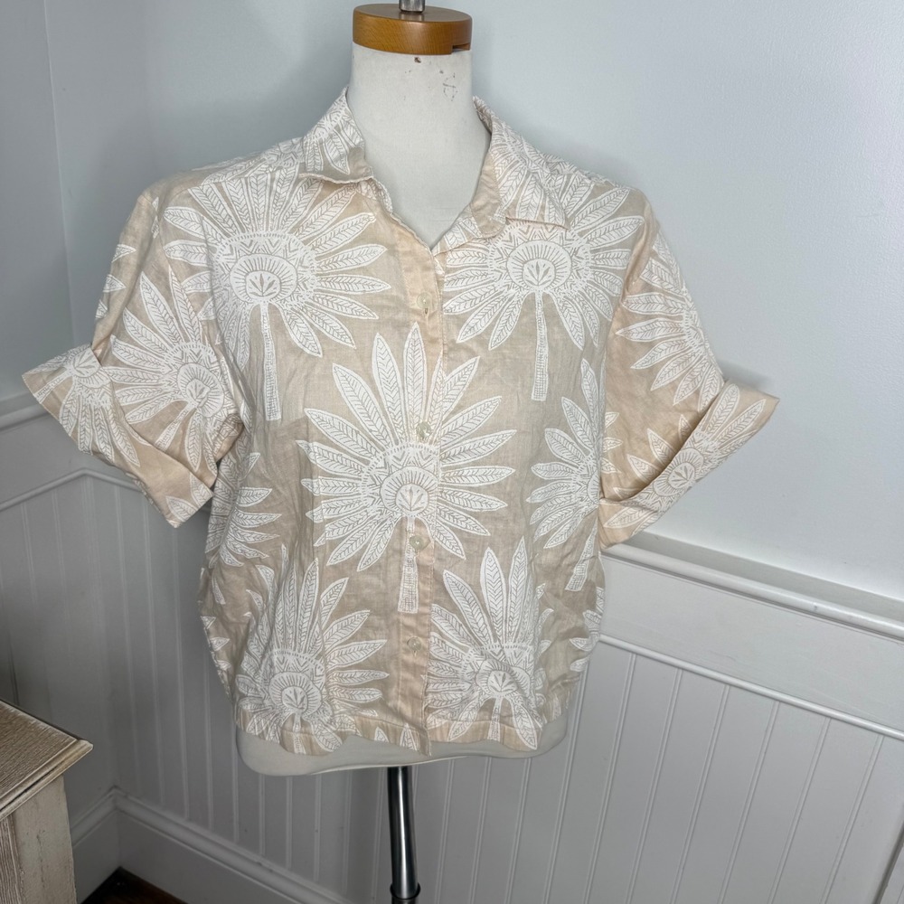Spartina 449 Women Large Linen Button Up Shirt Beige White Tropical Palm Boxy